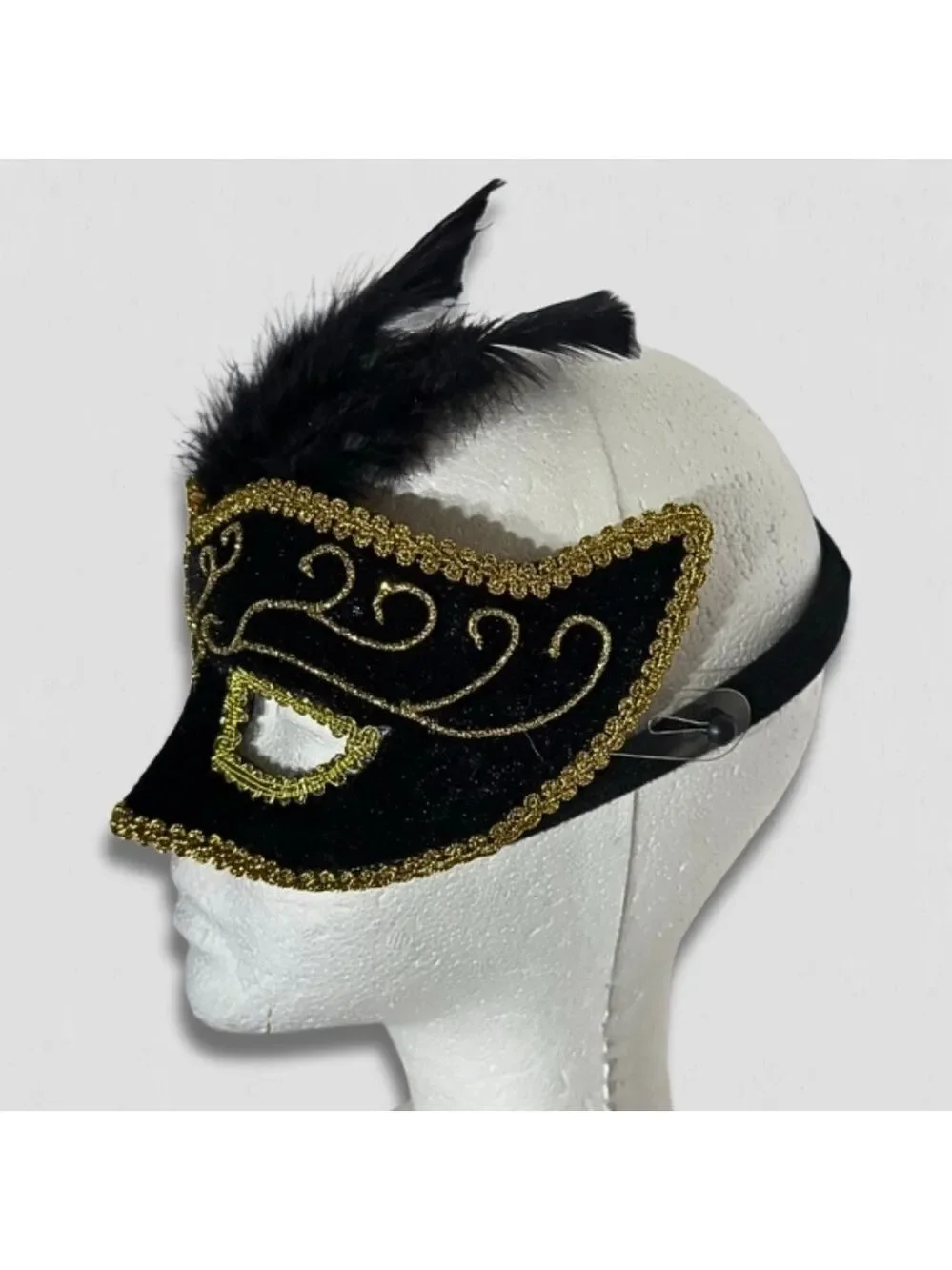 Masquerade Mask Black and Gold Embroidery Feathers OS